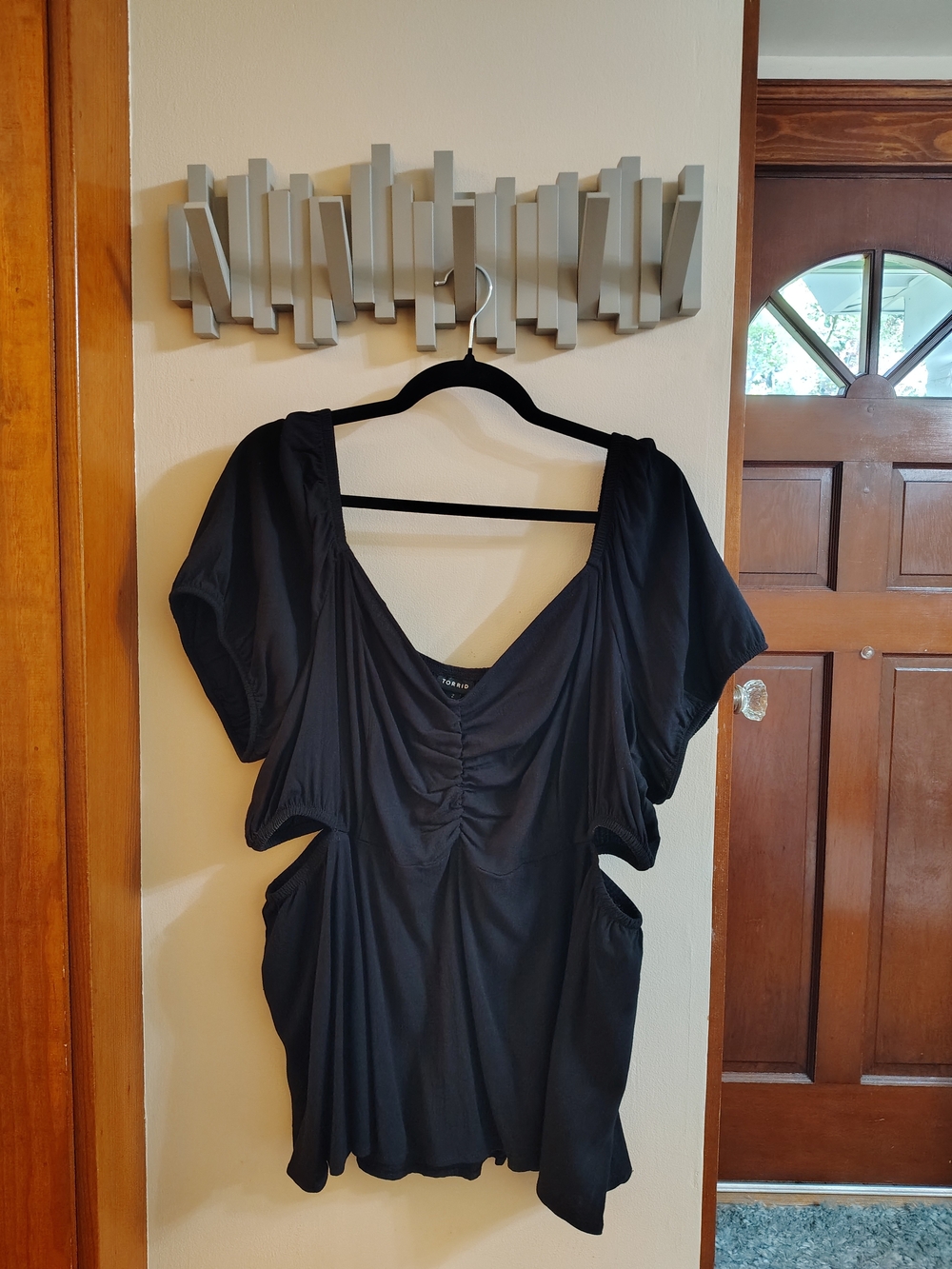 torrid Black V-Neck Ruched Short Sleeve Top with Side Cutouts